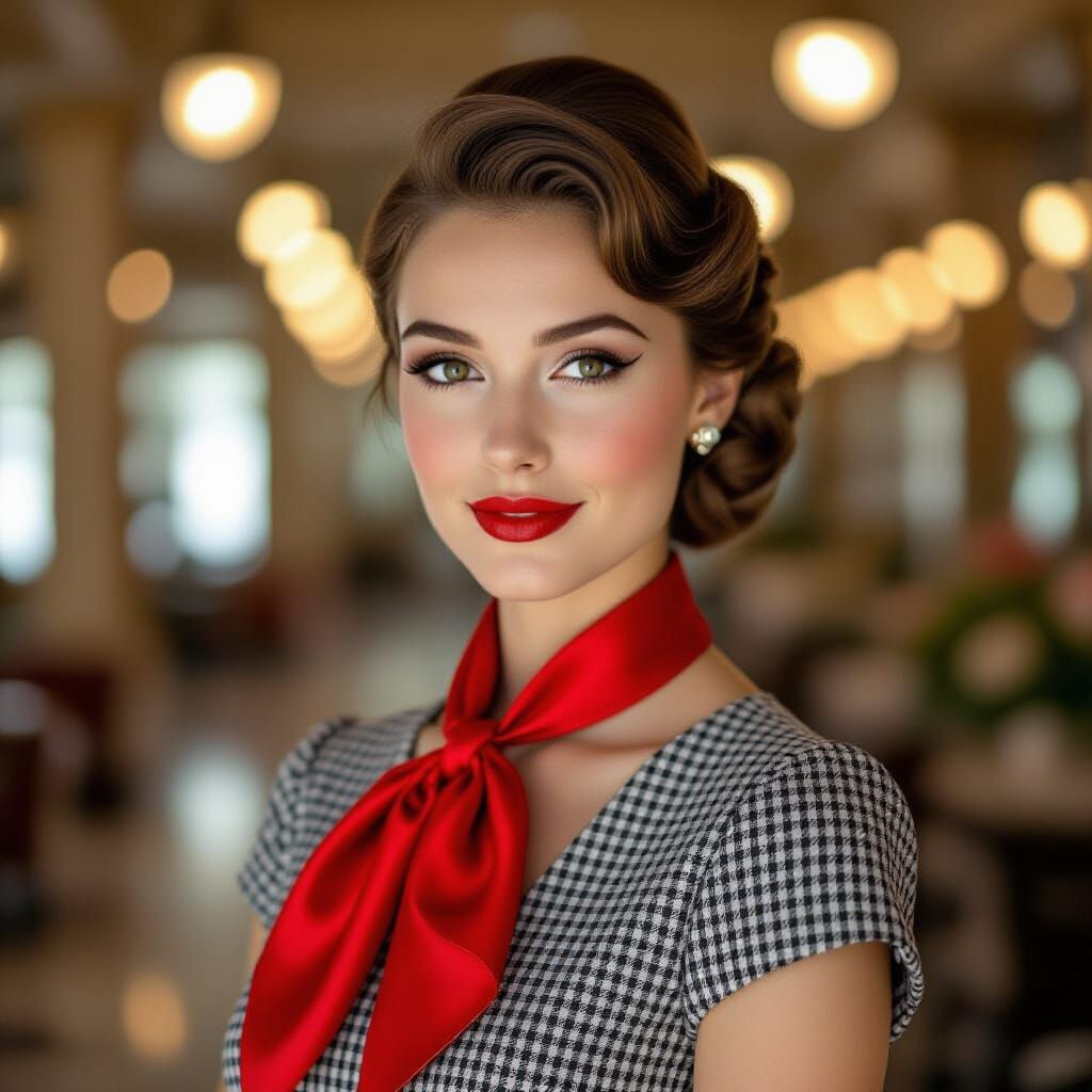 Elegant Woman in Houndstooth Dress, Vintage Style