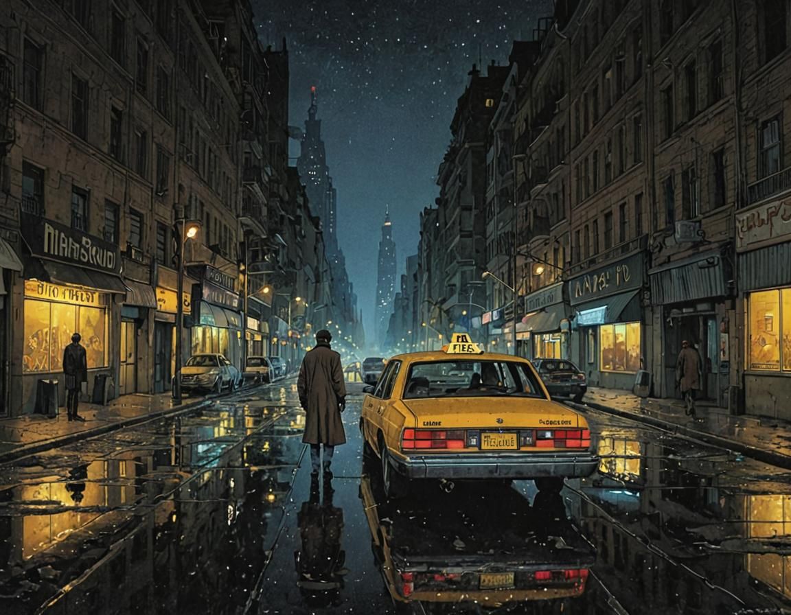 Dystopian Cityscape at Night: Gritty Taxi Scene
