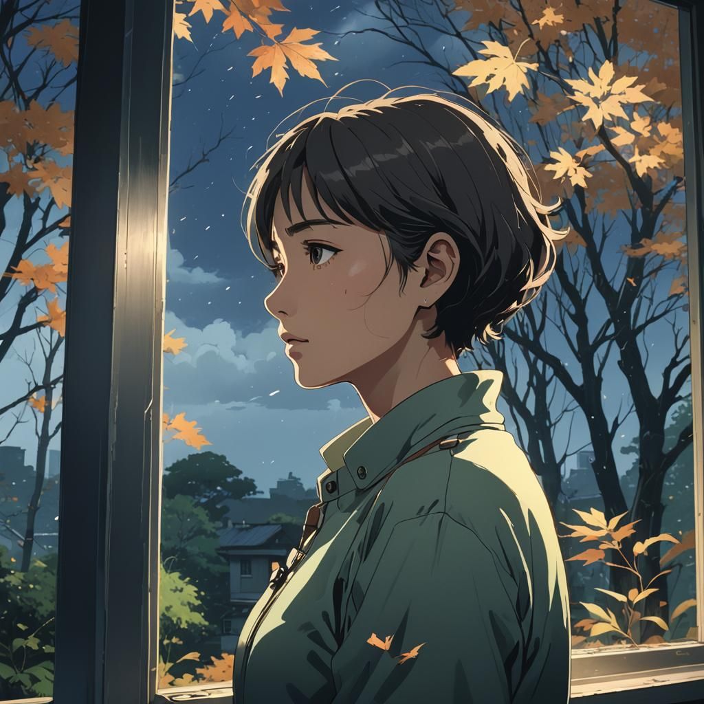 Melancholy Girl in Storm, Studio Ghibli Style