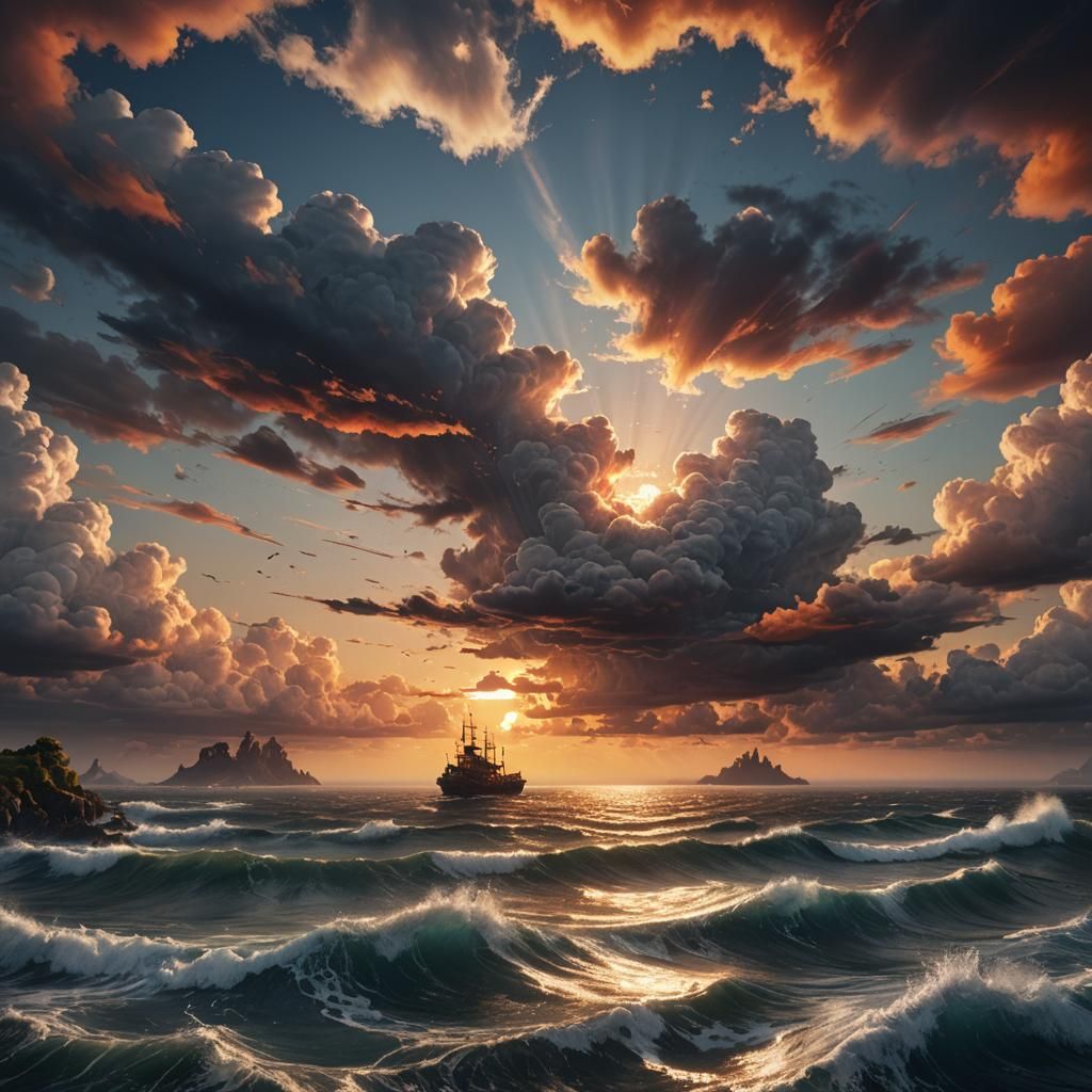 Dramatic Sunset Over Sea: Detailed Matte Painting