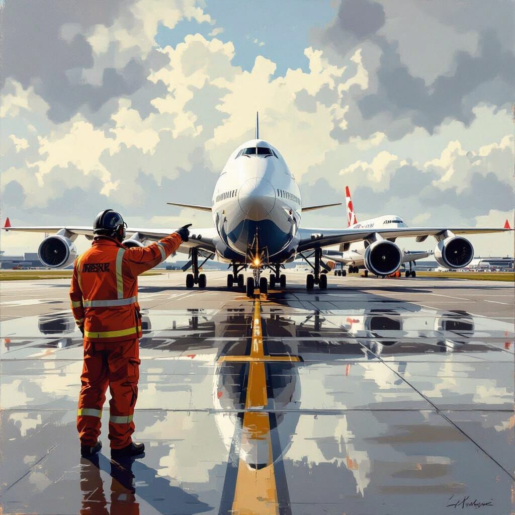Marshaller Guides Boeing 747, Airbus A380 Taxiing