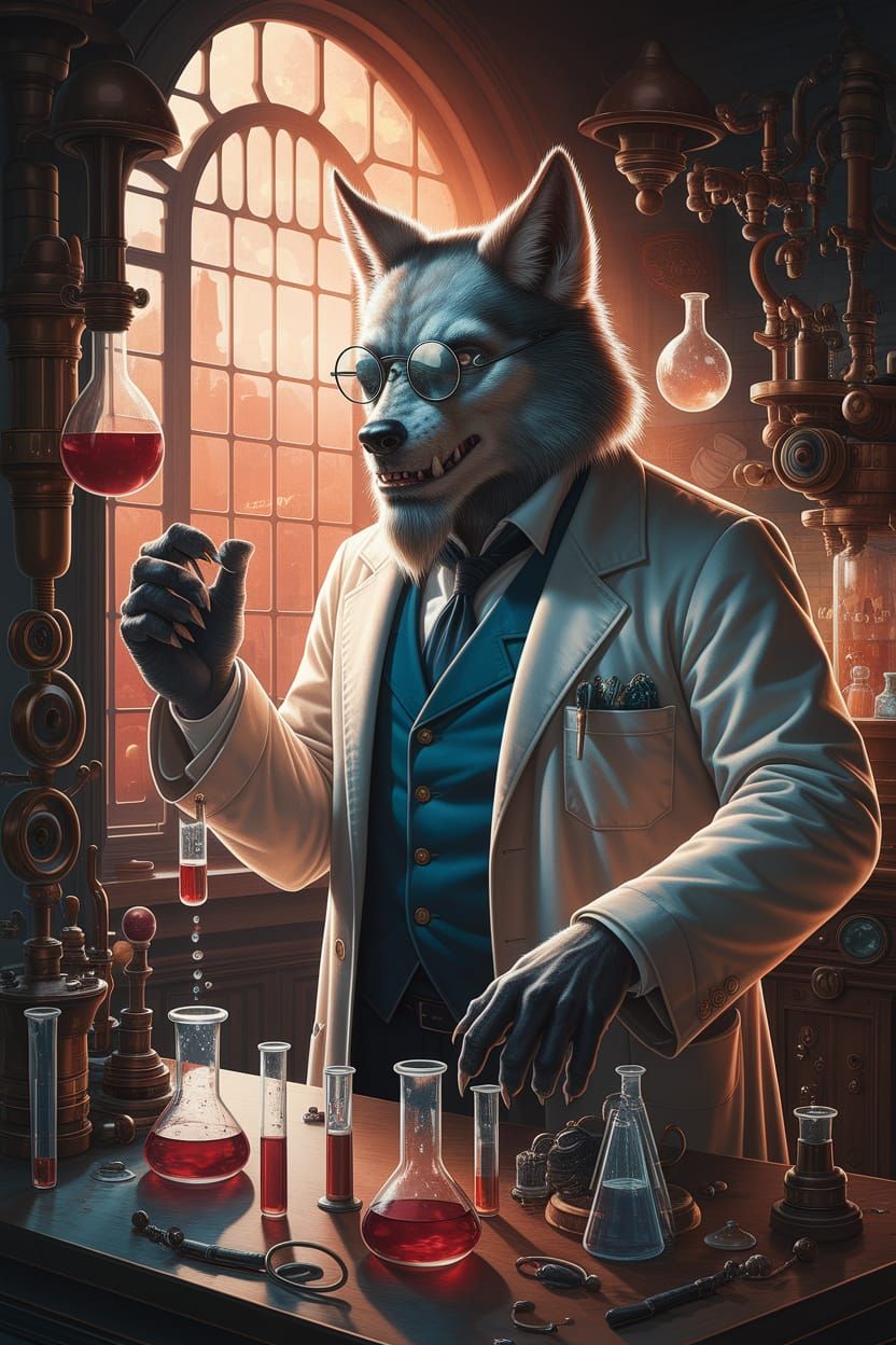 Werewolf Scientist in Victorian Lab, Struzan-esque Portrait