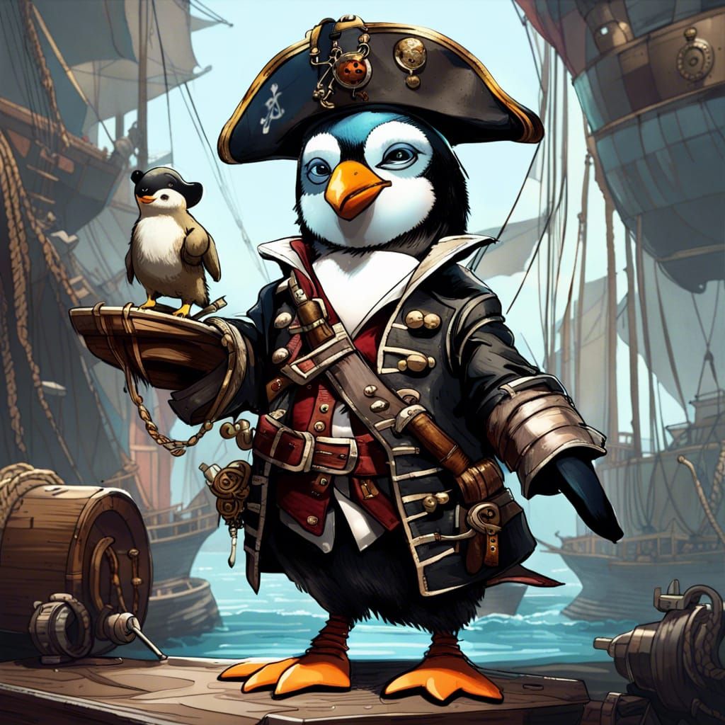 Penguin Pirate on Treasure Ship, Detailed Digital Art