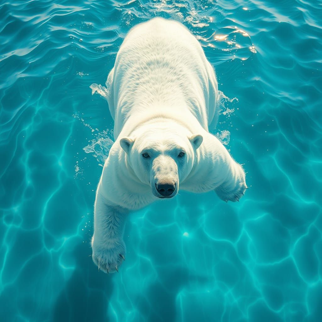 A bird's-eye view of a polar bear swimming in clear blue wat...