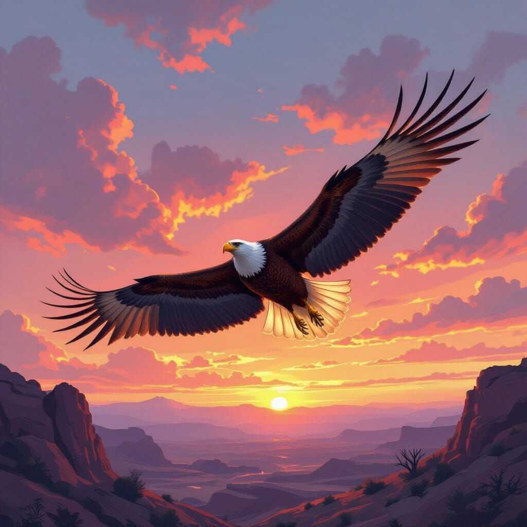 Eagle Soaring at Sunset in Sci-Fi Art Style