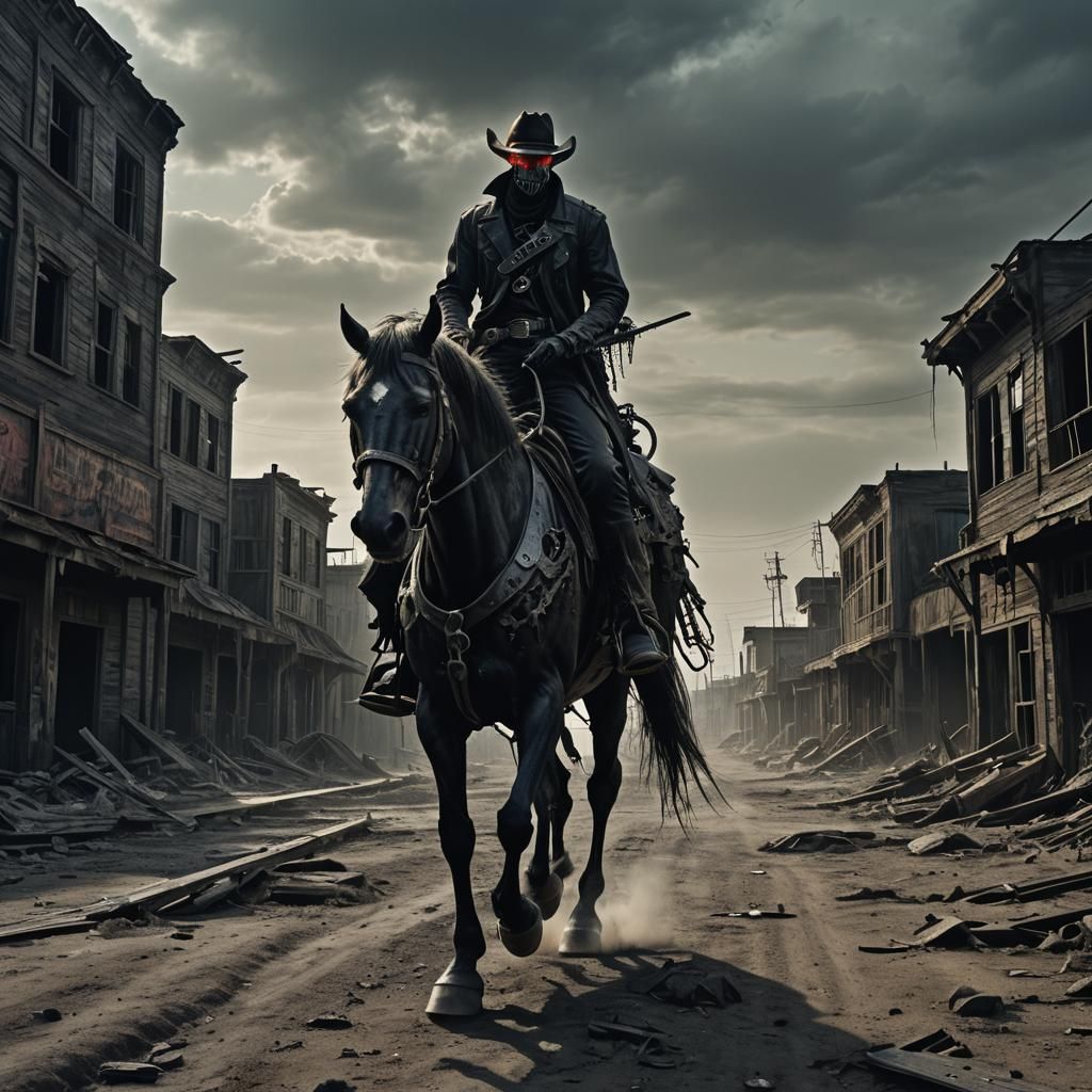 Biomechanical Cowboy Rides Through a Dark, Abandoned Western...