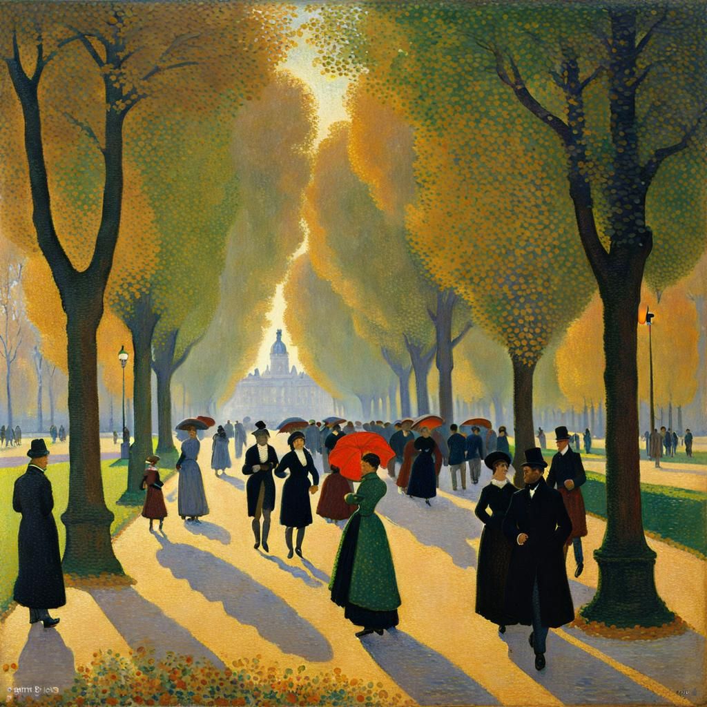 Central Park Walkers: A Pointillist Scene