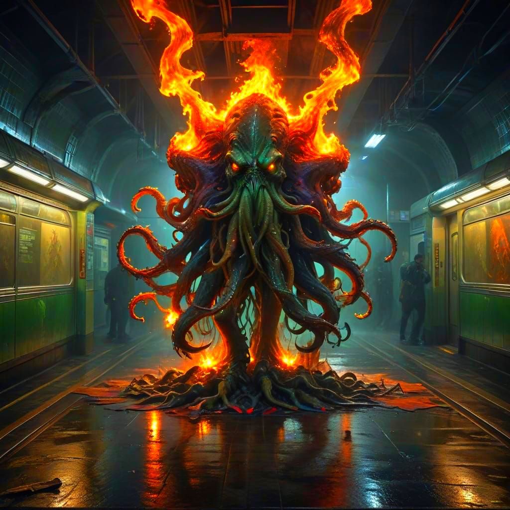 Ethereal Cthulhu Emerges from Radiant Subway Portal