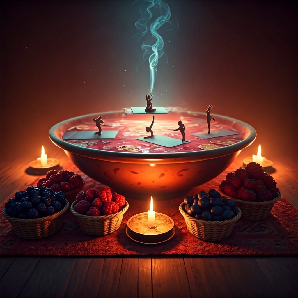 Floating Yoga Mats in Punch Bowl, Art Nouveau Style