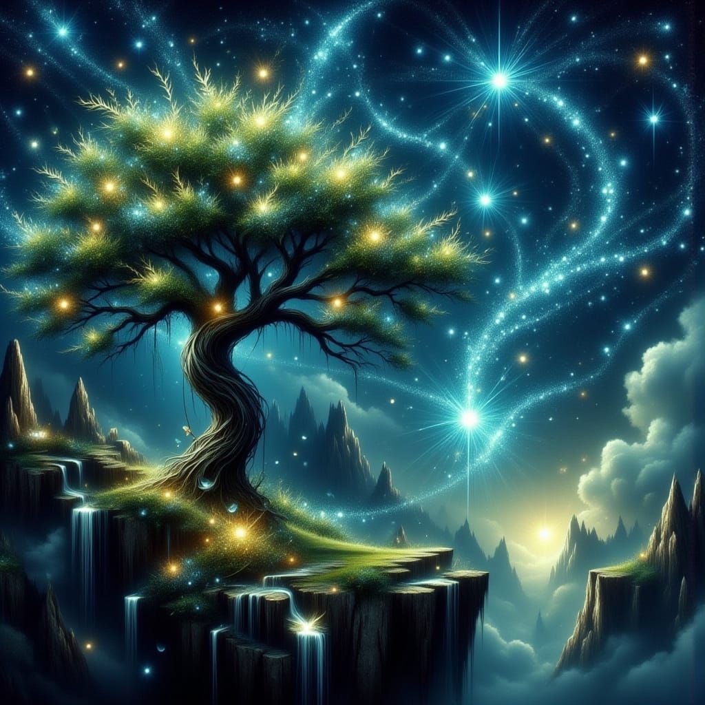 Stars Falling Around Sycamore Tree on Cliffside