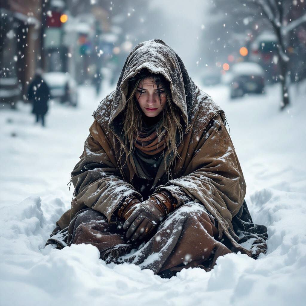 Beggar Woman in Snowdrift as Impressionistic Painting