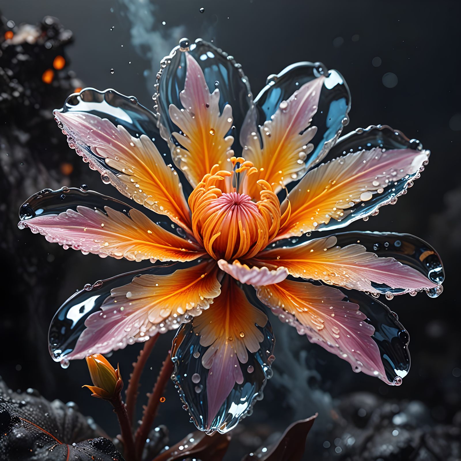 Surreal Underwater Flower Blooms Amidst Steamy Volcanic Land...