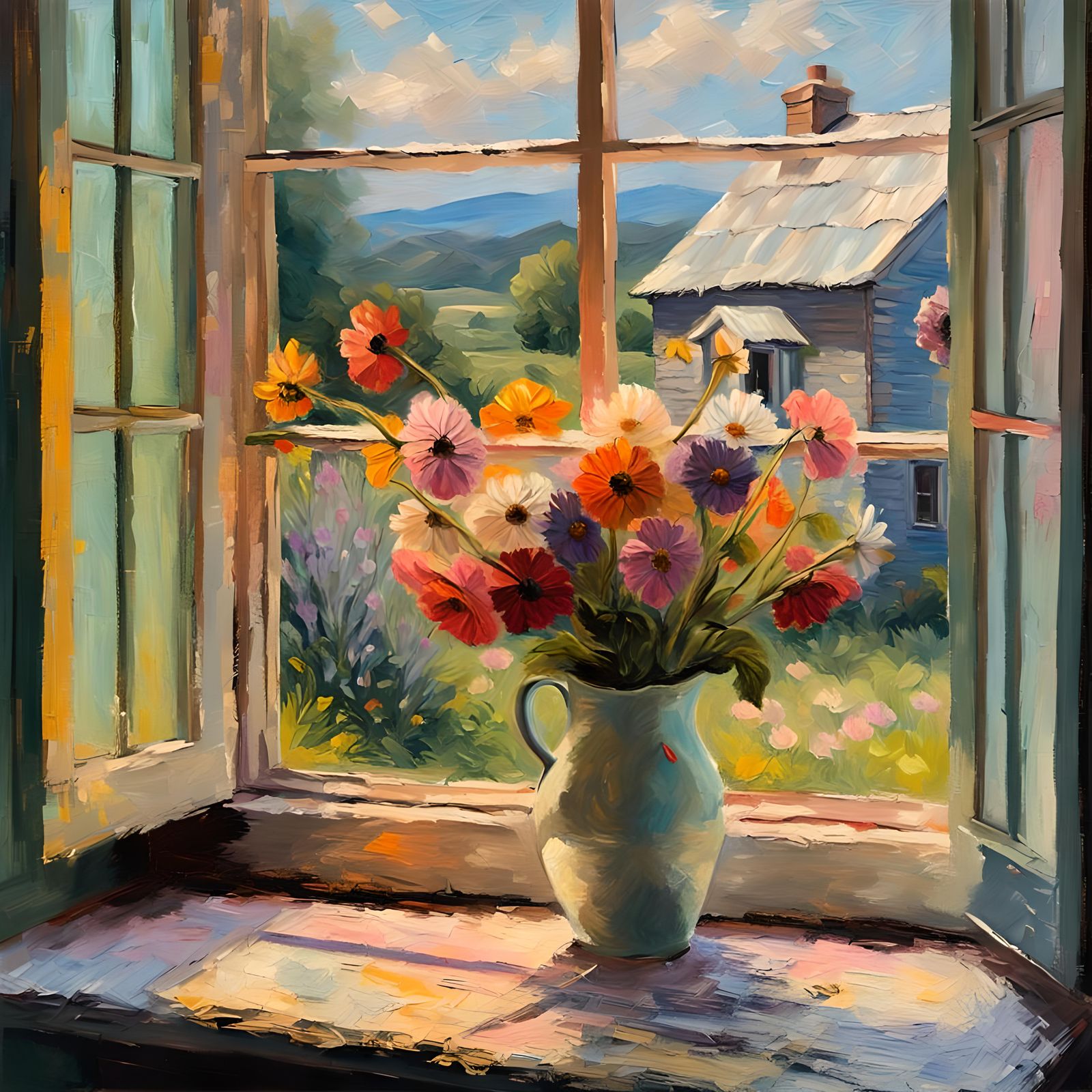 Impasto Flowers by Cottage Window: Oil Painting