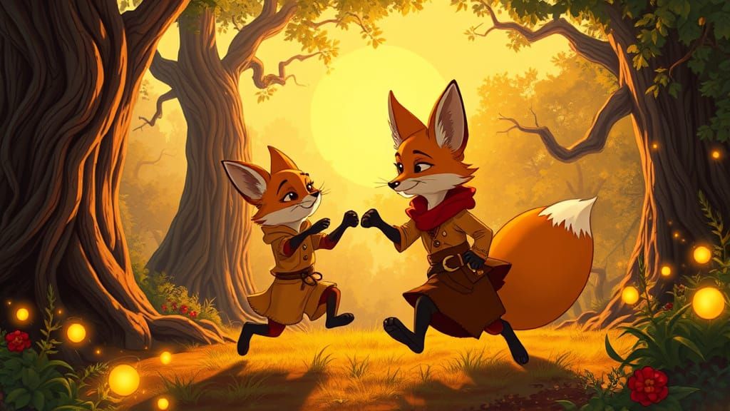 Whimsical Foxes Play in Sunset Forest