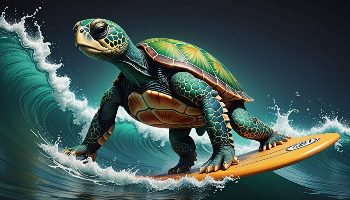 Wise Sea Turtle Surfer in Vibrant Surf Scene