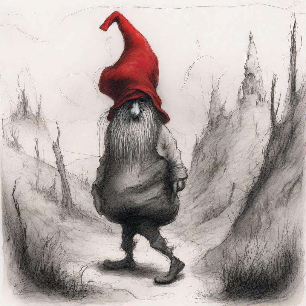 Creepy Gnome Lugging Sack Across Twisted Landscape