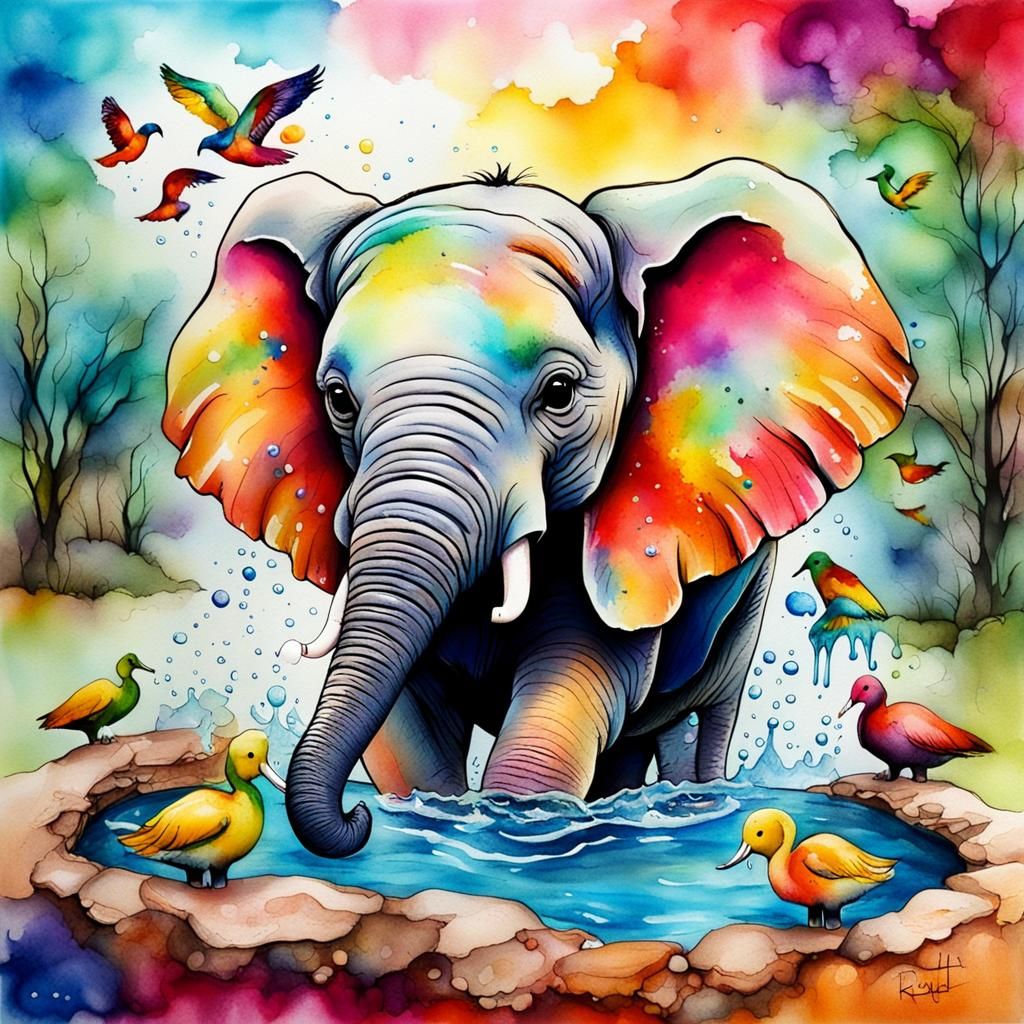 Beautiful whimsical baby elephant smiling happily whilst taking a bath in the waterhole with water birds and fowl splash...