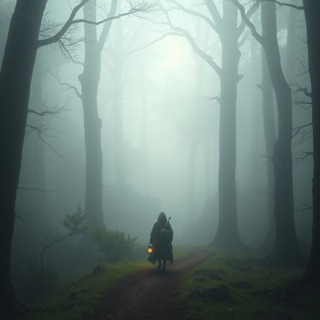 Mysterious Traveler in Foggy Ancient Forest