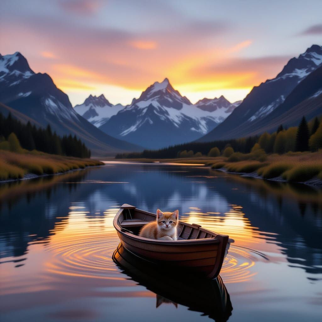 Majestic Mountains at Sunset with Kitten in Boat