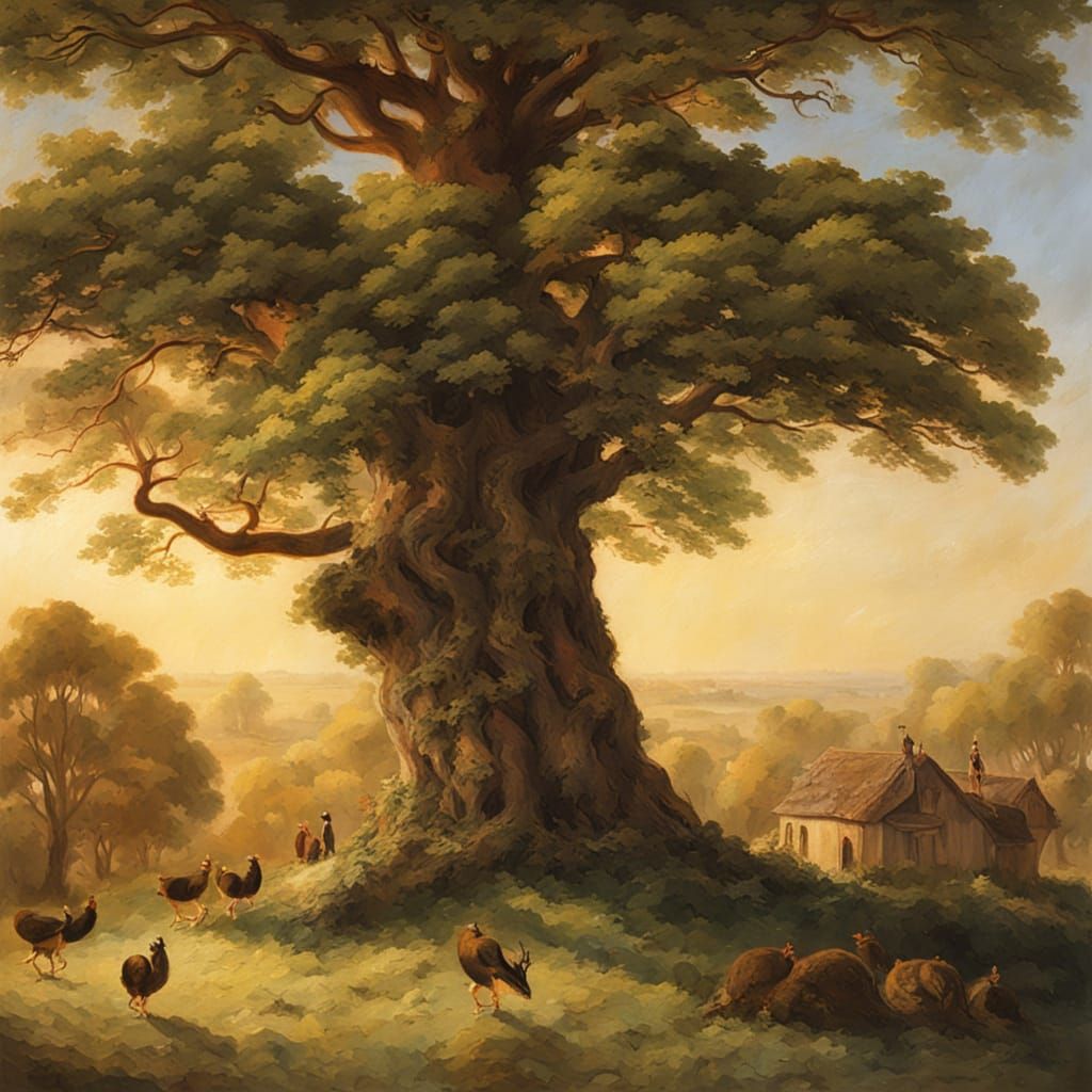 Surreal Landscape with Tree and Whimsical Creatures in Impre...