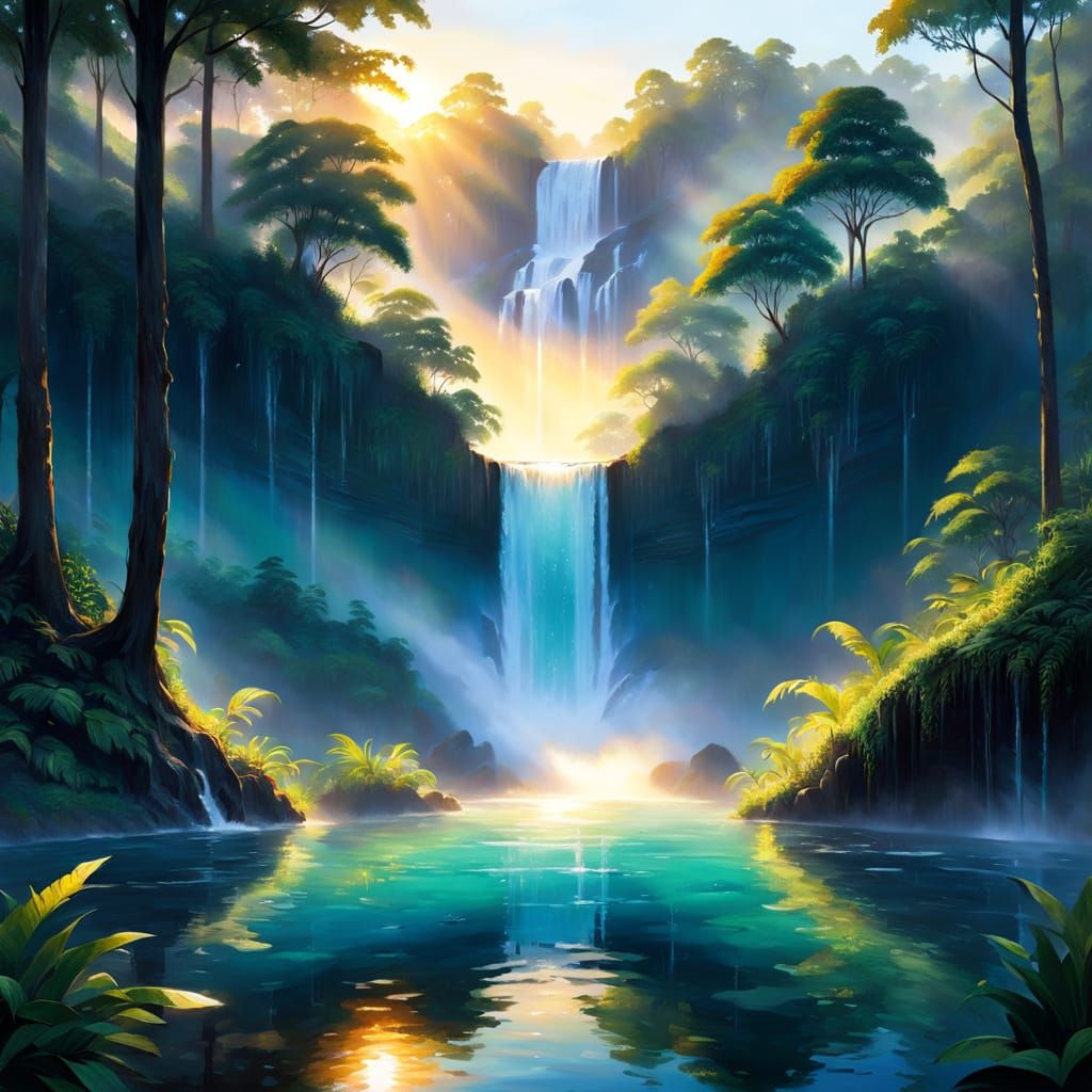 Lush Waterfall Landscape Painting in Golden Light
