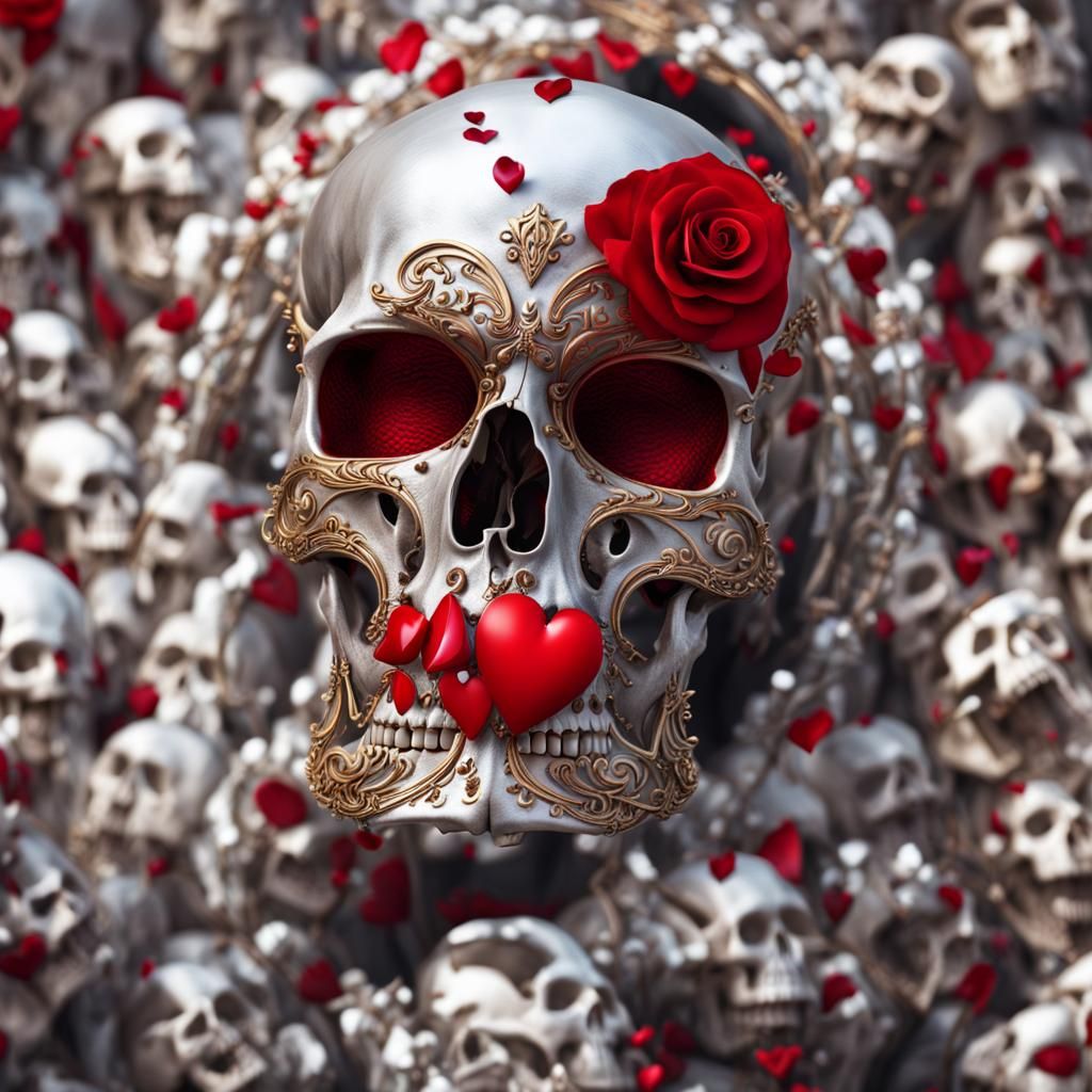 Human Skull Portrait with Red Lipstick and Heart