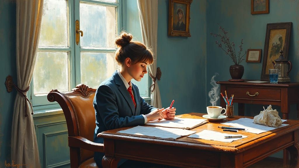 News Reporter at Table in Impressionist Style