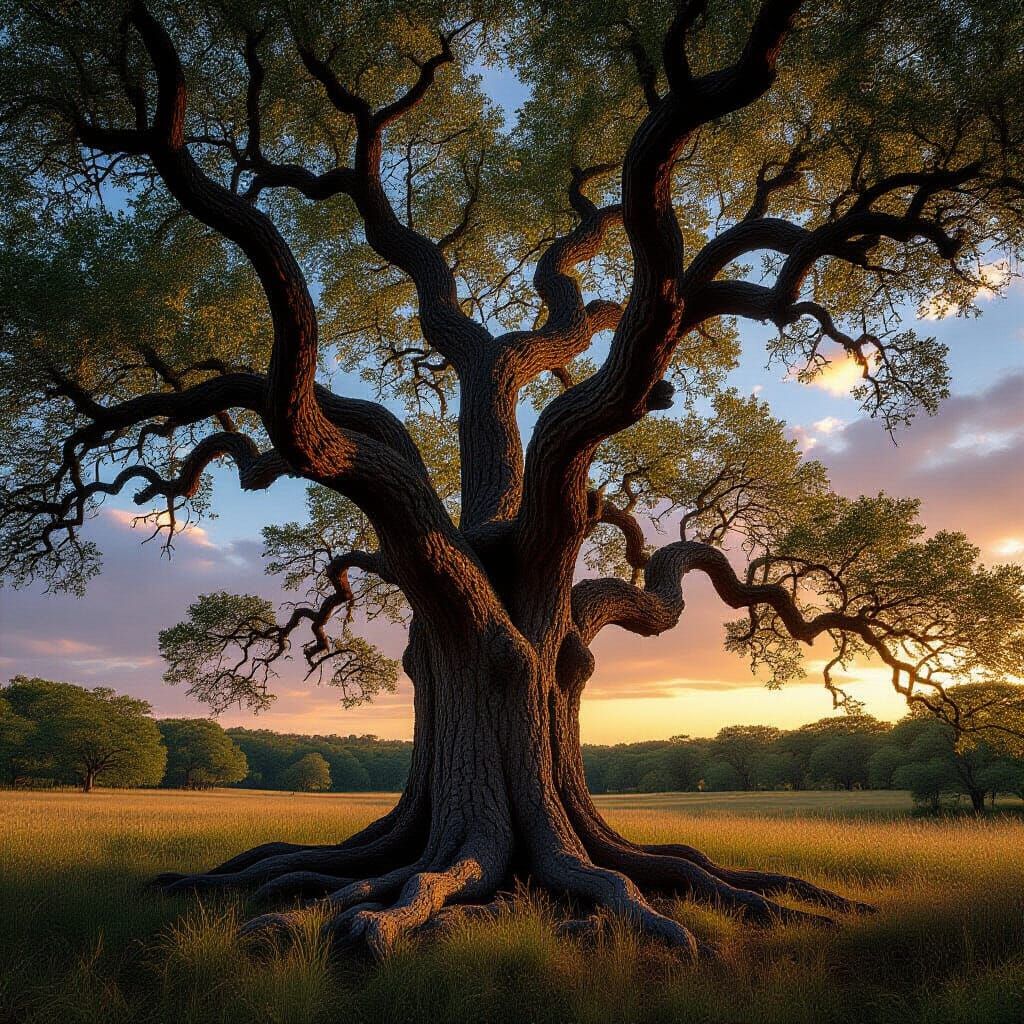 Majestic Gnarled Oak Tree at Golden Hour