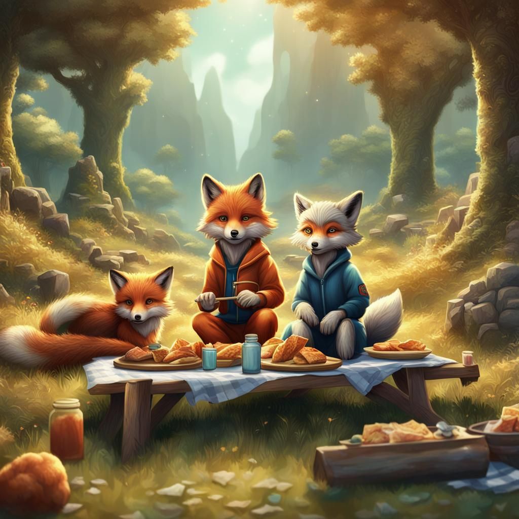 Wolf and Fox Cubs Picnic, Fantasy Art