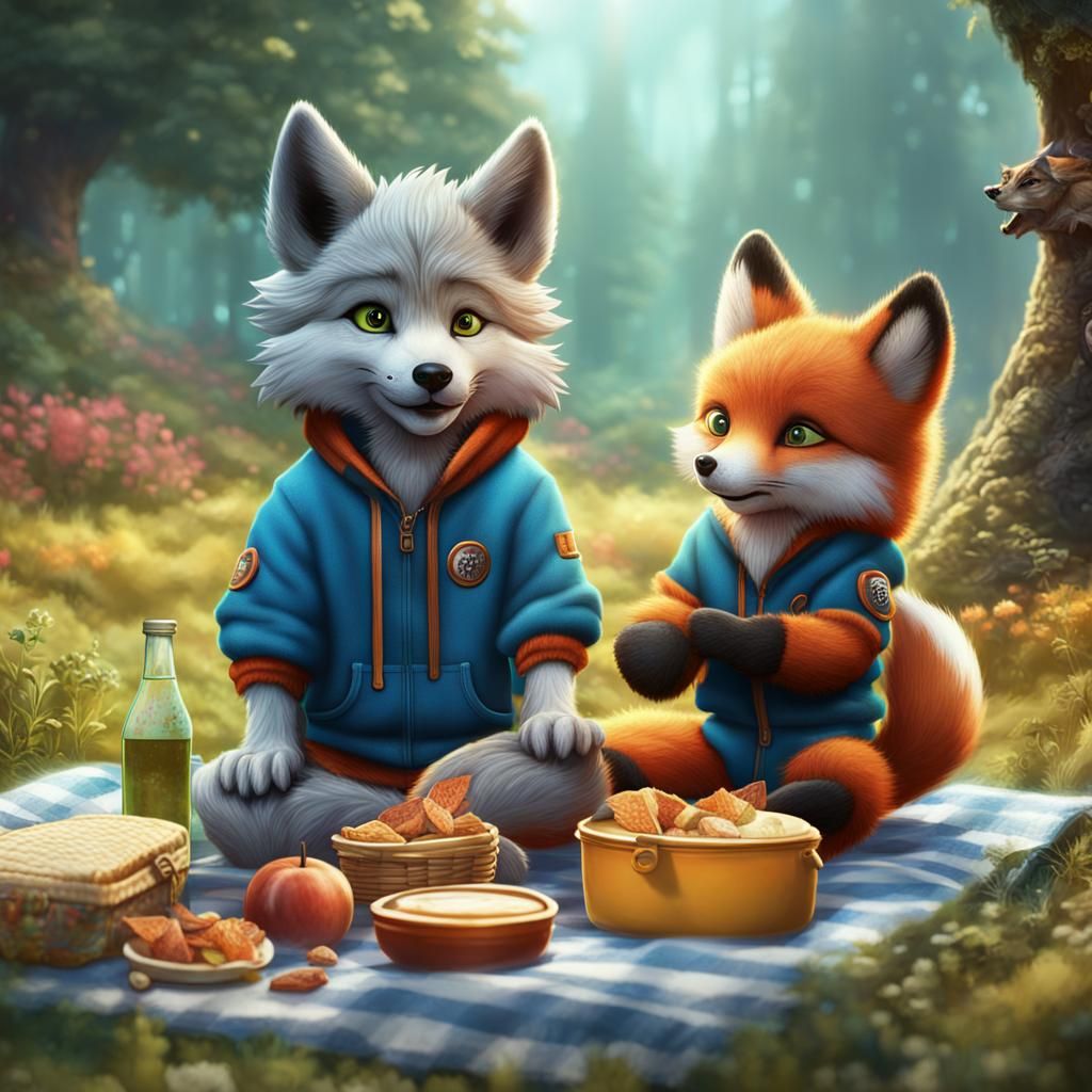 Wolf and Fox Cubs on Picnic, Fantasy Art