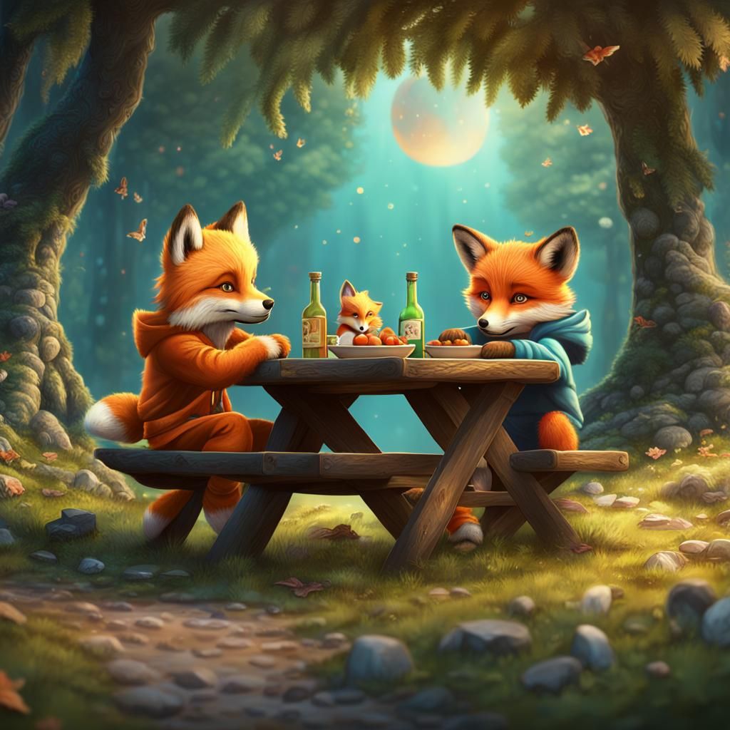Wolf and Fox Cubs Picnic: Fantasy Art