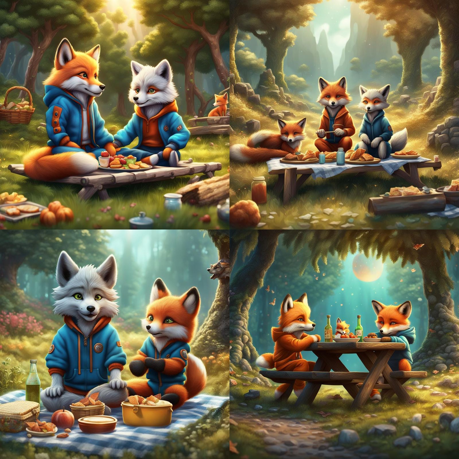 Wolf and Fox Cubs Picnic, Fantasy Art
