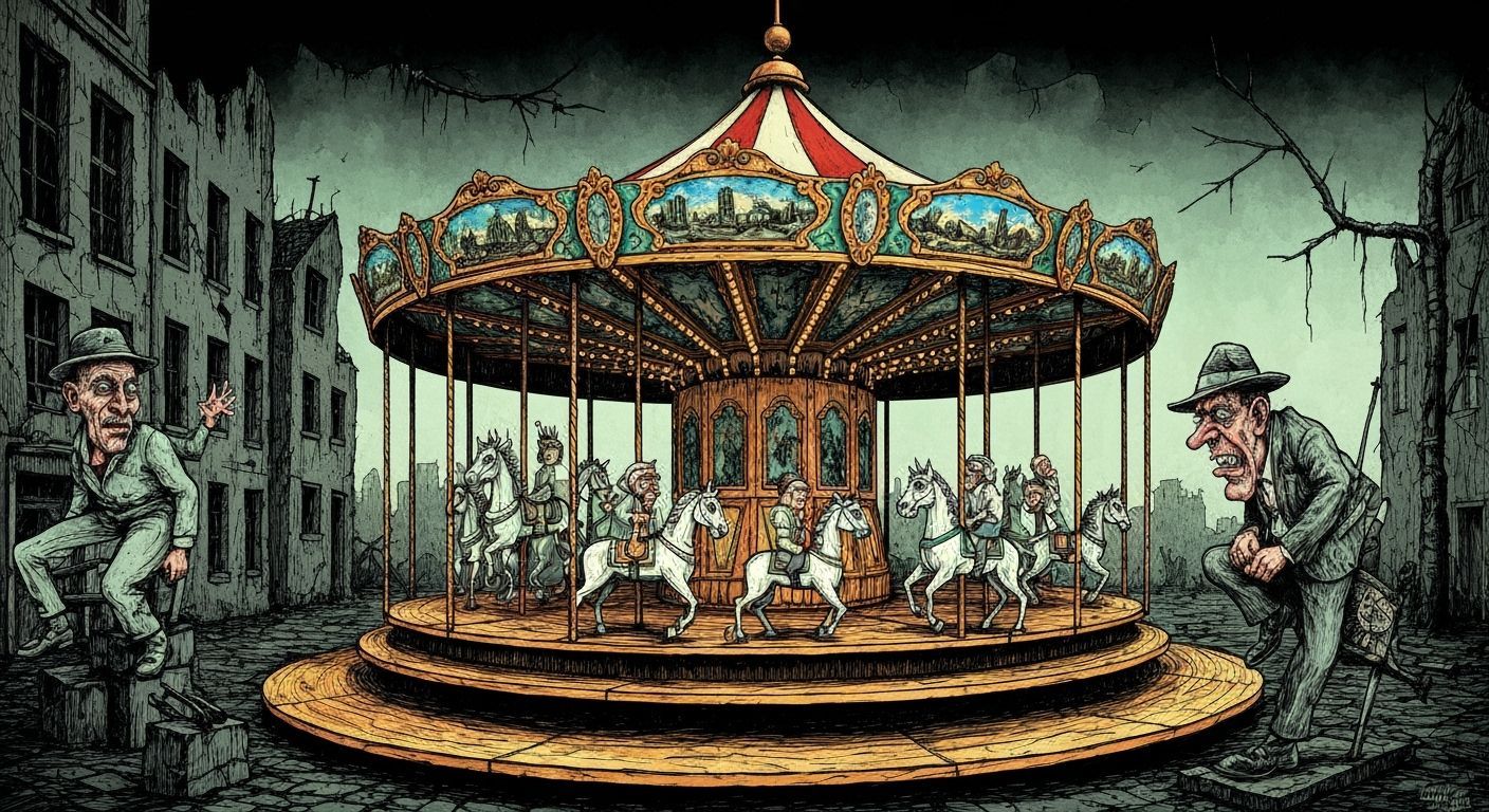 German Dada Satire: Grotesque Carousel in Urban Decay