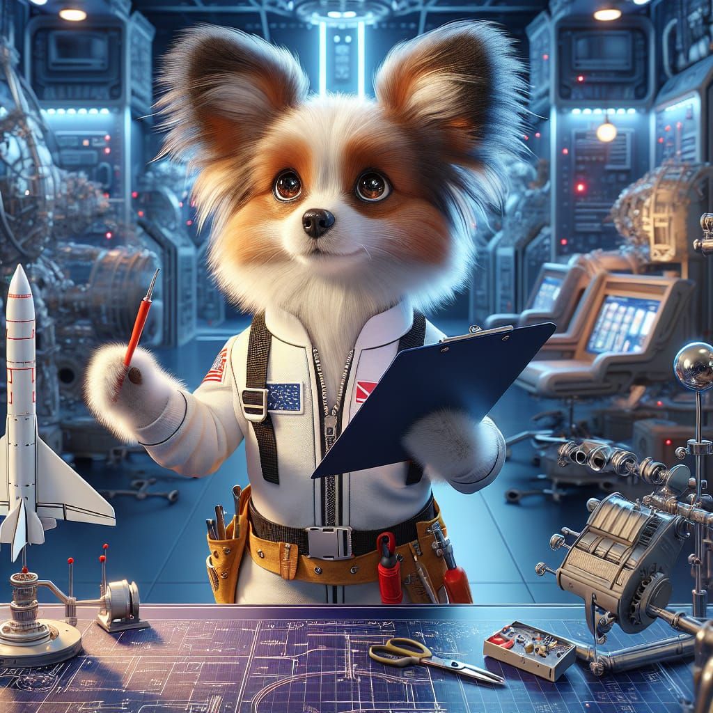 Disney Pixar style 3D adorable papillon dog as an aerospace engineer, wearing a space suit, holding a clipboard, adjusti...