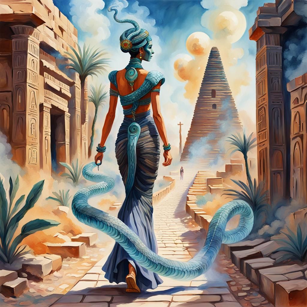 Crystal Serpent Woman in Ruined Egyptian Landscape