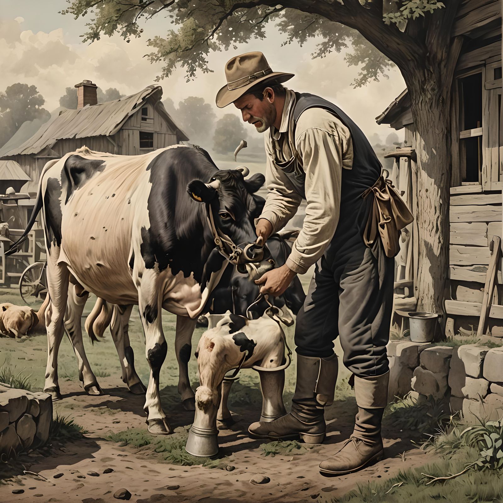 Historical Era Farmer Milking Cow