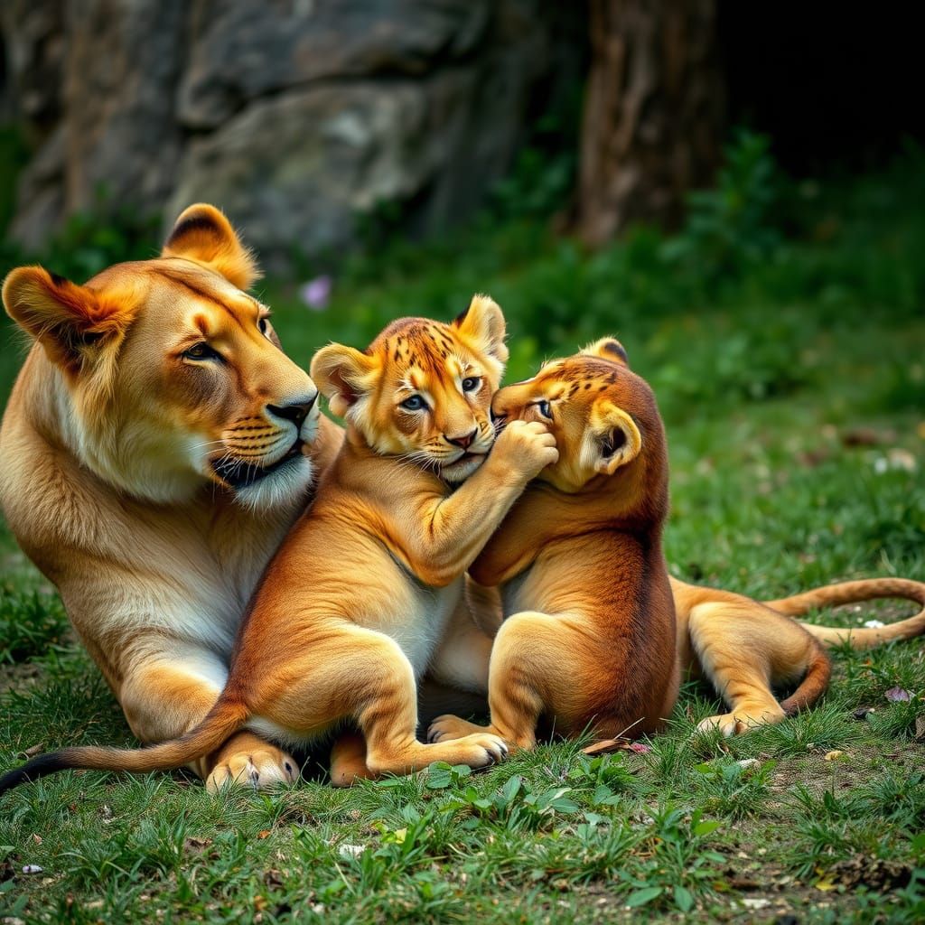Lions Cubs Playfully Wrestle in the Wild