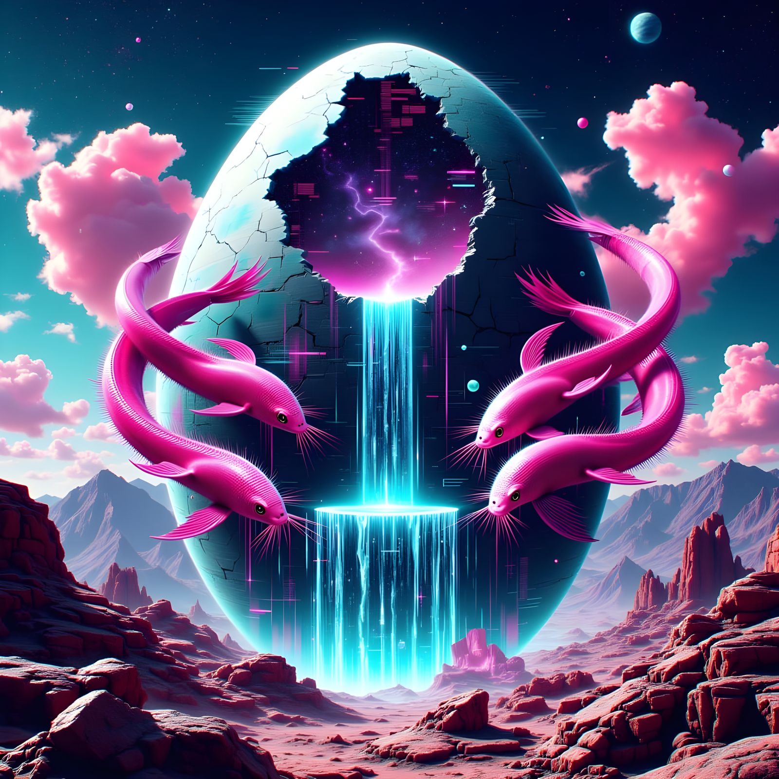 Electric Eels Guard Terraforming Egg in Glitchpunk Style