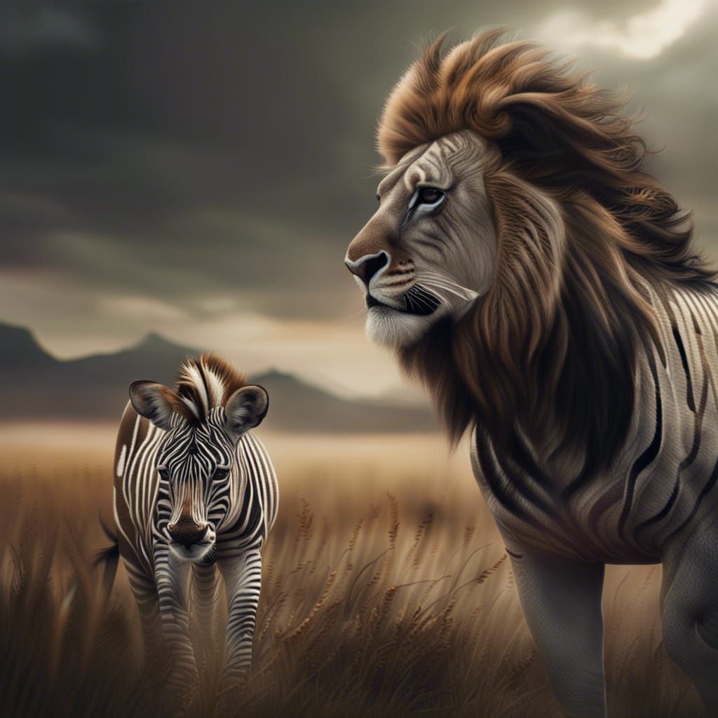 zebra with a lion in the foreground