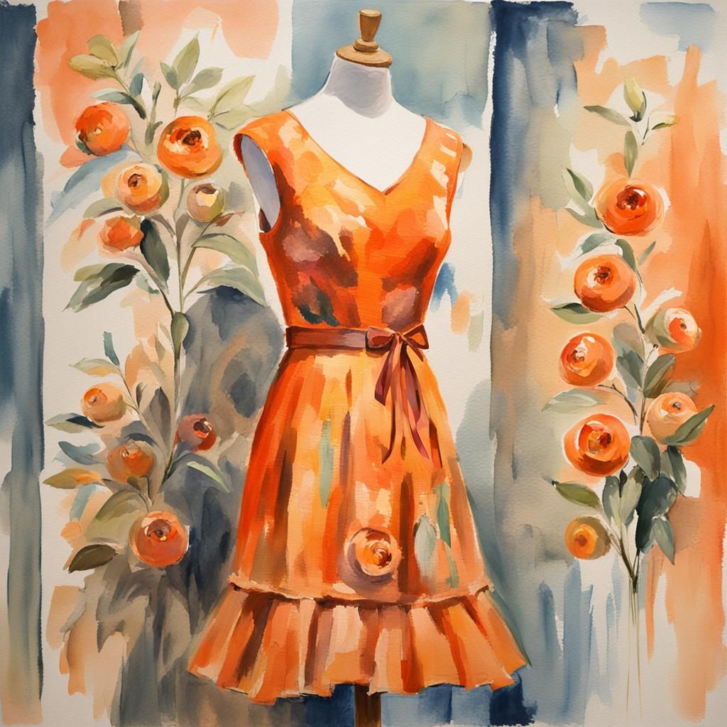 Orange Dress in Gouache Style Watercolor