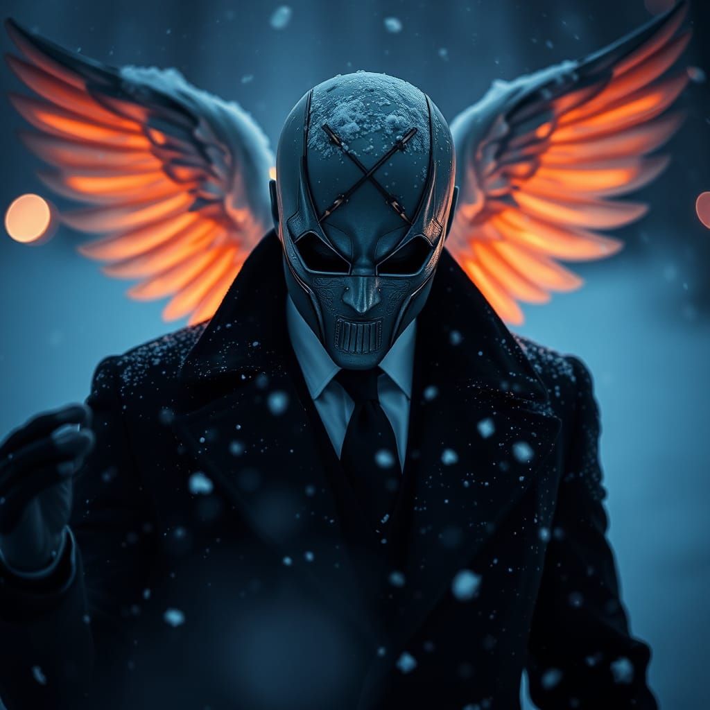 Angel Masked Figure in Snowy Twilight