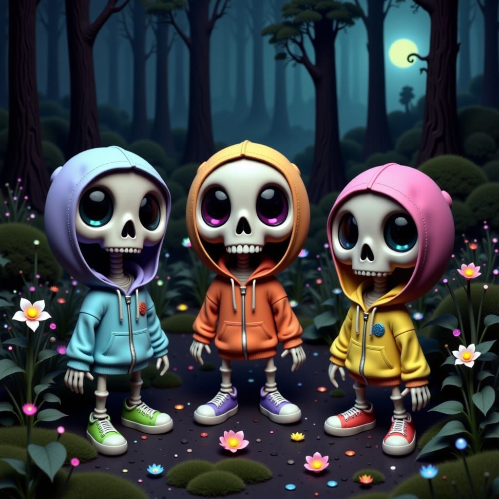 Laughing Chibi Skeletons in Graveyard, Vibrant CGI Style