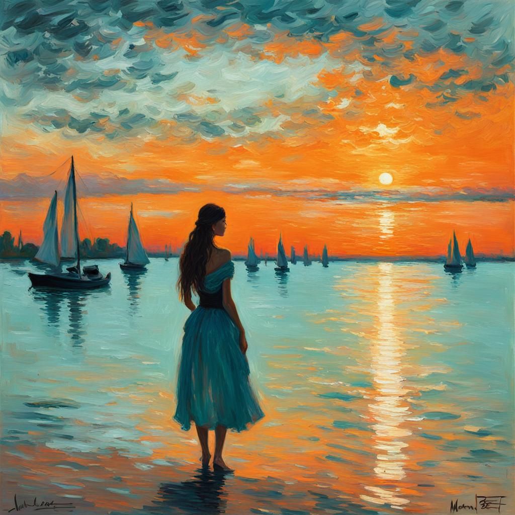 Madison Beer watching the sunset. Claude Monet orange and teal impressionism