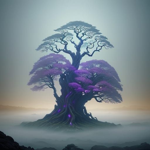 Surreal Tree of Yggdrasil Ascends a Misty Mountain Peak