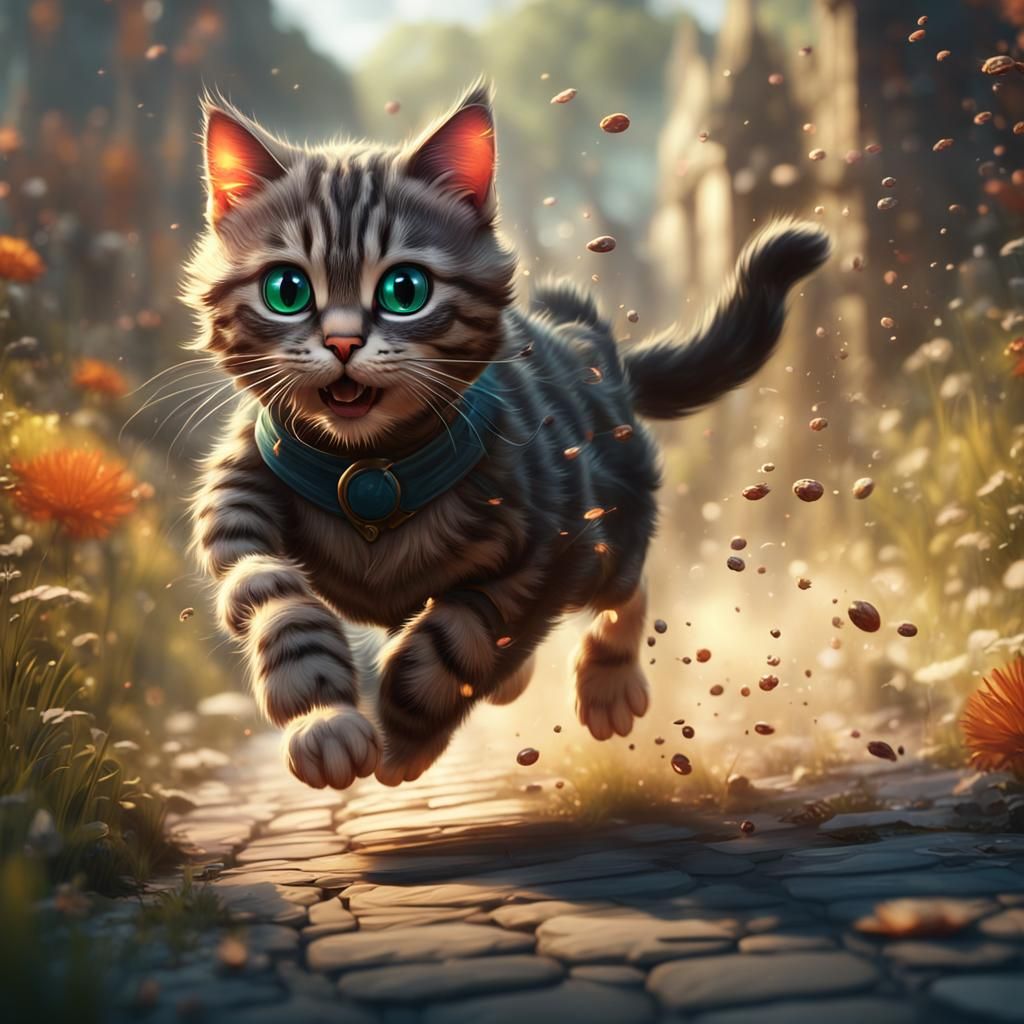 Cute Cat Running: Detailed Matte Painting