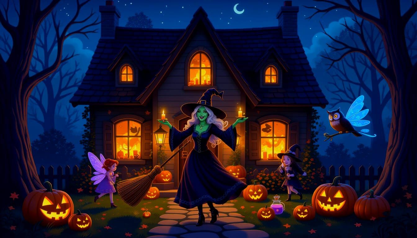 Friendly Witch Hosts Cozy Halloween Party in Candlelit Cotta...