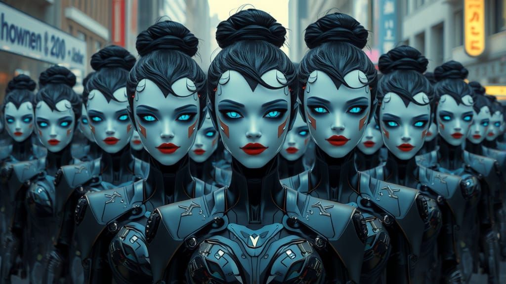 Cyberpunk Robot Soldier Women March Towards the Camera