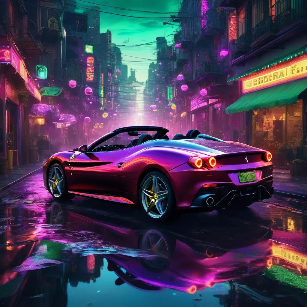 Cat Driving Ferrari in Dreamlike Cyberpunk Cityscape