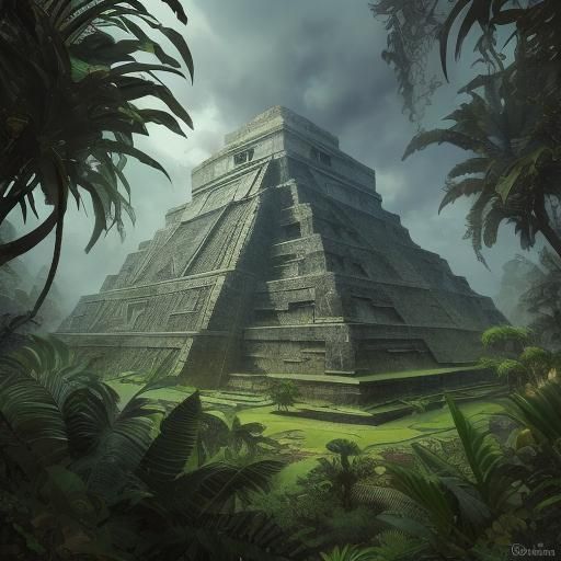 Mayan Pyramid in Jungle, Photorealistic Fractal Art