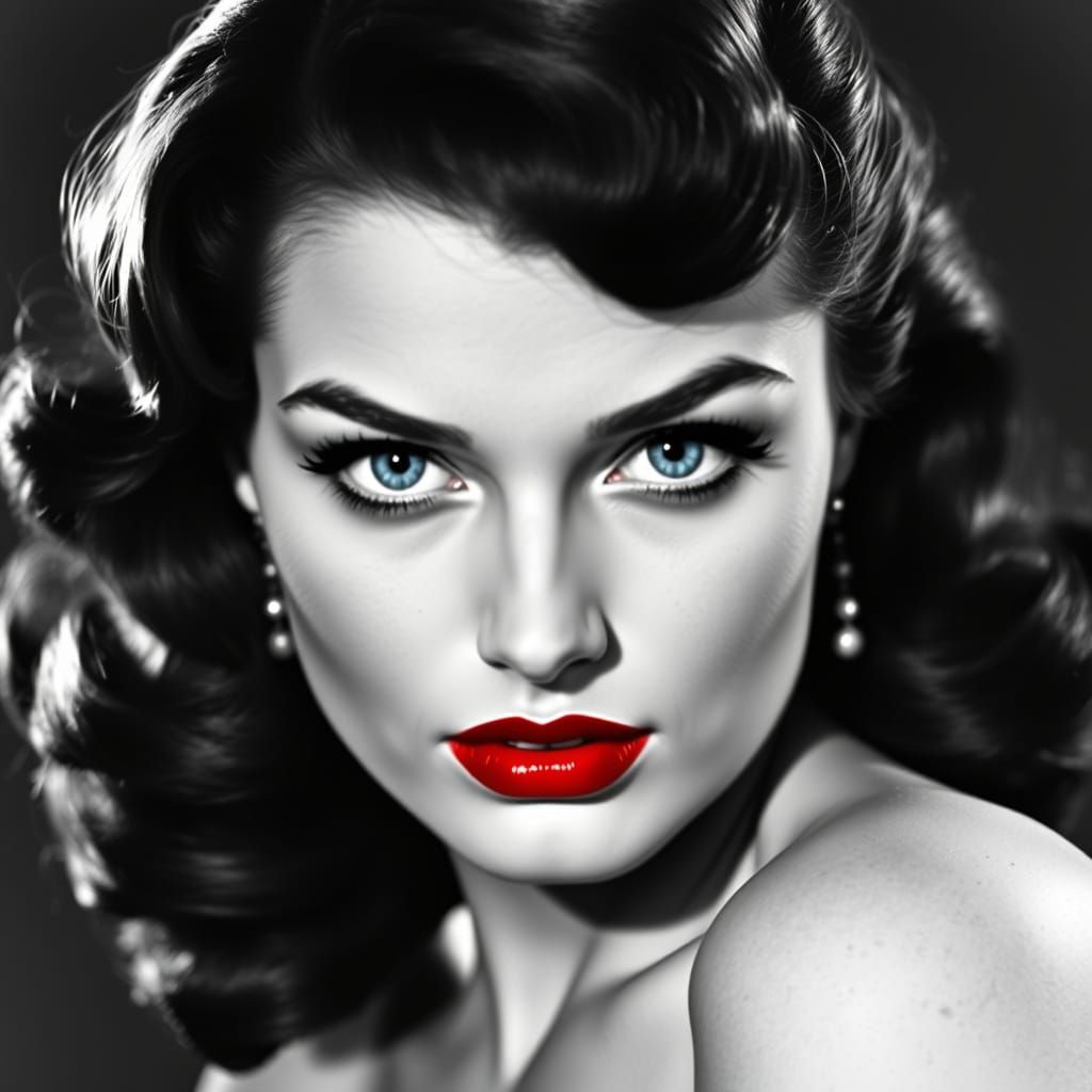 Sultry Pin-Up Model in Monochrome with Vibrant Blue Eyes and...